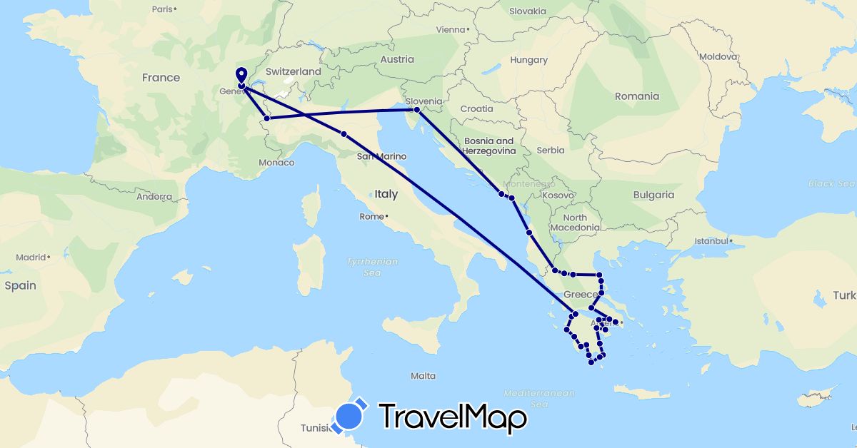 TravelMap itinerary: driving in Albania, France, Greece, Croatia, Italy, Montenegro, Slovenia (Europe)