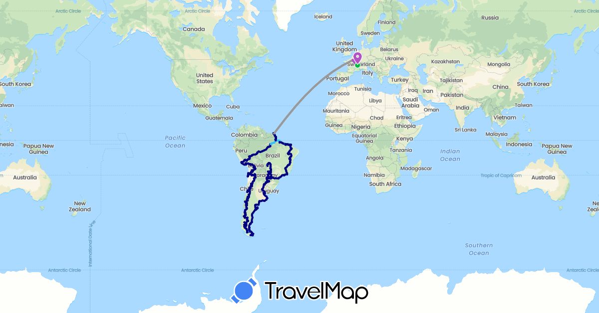 TravelMap itinerary: driving, bus, plane, train, boat in Argentina, Bolivia, Brazil, Chile, France, French Guiana, Peru, Paraguay (Europe, South America)